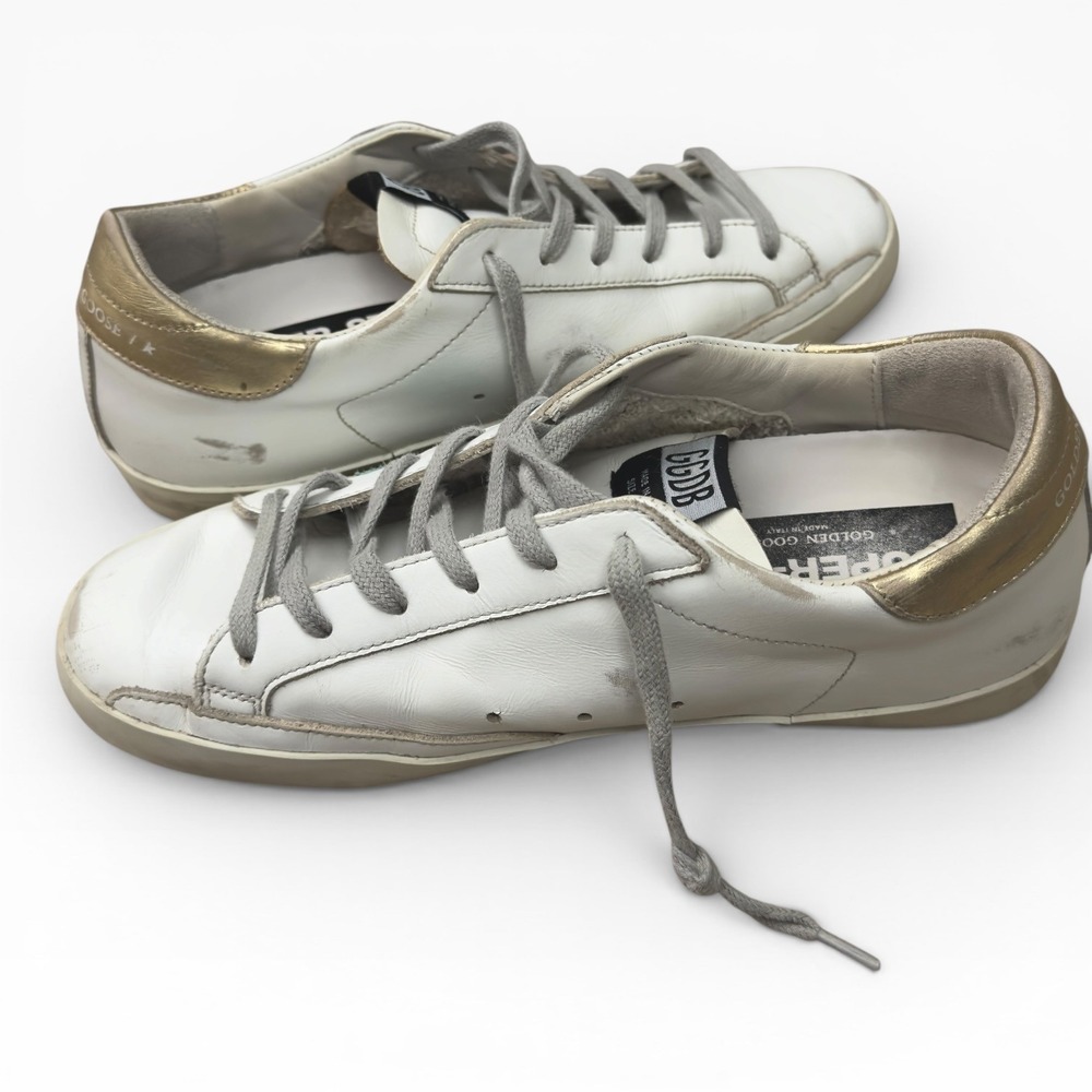 Golden Goose Super-Star Sneaker Womens 38 White Teal Gold Distressed Gray Laces - Picture 11 of 14